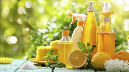 Collection of cleaning products with citrus and greenery, creating a fresh and vibrant atmosphere, AI generated