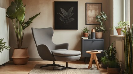 Cozy living room corner with armchair, plants, and side table.