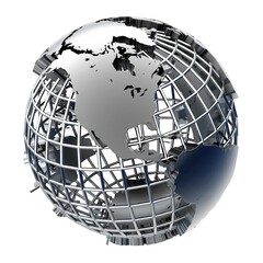 Metal Globe relief mainland on chrome grid of meridians and parallels