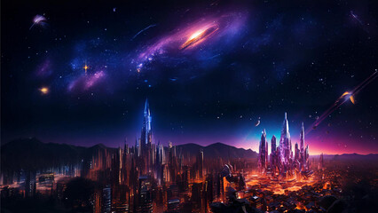 Fototapeta premium Futuristic Sci-Fi City Under a Cosmic Sky – A Glowing Metropolis of the Future