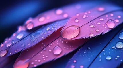 Dew-kissed pink, blue feathers, close-up, dark background, design