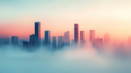 Fototapeta premium Ethereal City Skyline at Sunrise with Misty Horizon and Soft Colors