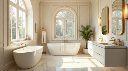 Luxurious Ensuite Bathroom Design Featuring a Freestanding Tub, Golden Fixtures, and Marble Flooring with Large Windows Allowing Abundant Natural Light