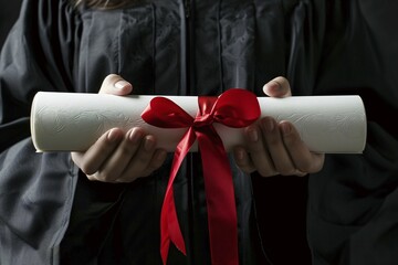 Degree paper certificate roll with red ribbon held by young woman in graduation robe. KI generiert, generiert, AI generated