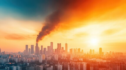 Fototapeta premium Urban skyline with smoke and sunset view over cityscape horizon