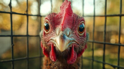Close-up of a chicken's face in a cage.