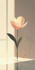 A single flower in a sunlit room, casting soft shadows. Minimalist and modern design with a serene atmosphere.