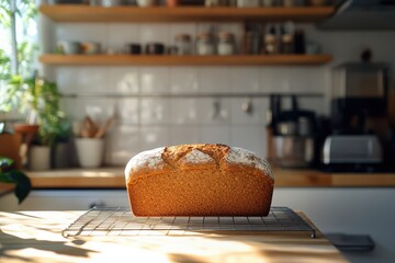 Obraz premium Freshly baked whole-grain bread loaf cooling on a wire rack in a well-lit modern kitchen