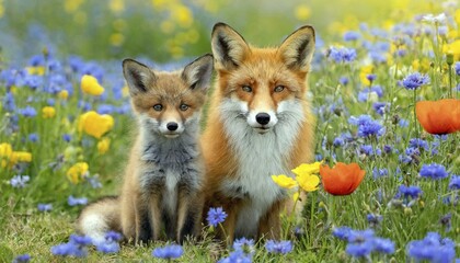 Fototapeta premium Ai generated, animal, animals, mammal, mammals, biotope, habitat, fox, foxes, red fox (Vulpes vulpes), two animals, a fawn and a puppy