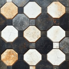Close,up of hexagonal and square tiles in earthy tones, showcasing a geometric pattern ideal for modern interior design and architecture.