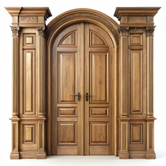 Obraz premium Open Possibilities: Closed and Open Brown Wooden Doors on White Background