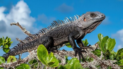 Naklejka premium Black Iguana on a Branch Against a Blue Sky
