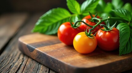A cluster of ripe red and yellow tomatoes with fresh basil leaves on a rustic wooden cutting board
