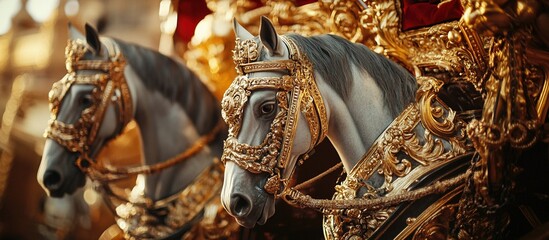 White horses with golden harnesses pulling a carriage.