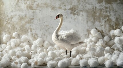 White swan standing in fluffy white cotton balls on a white background.
