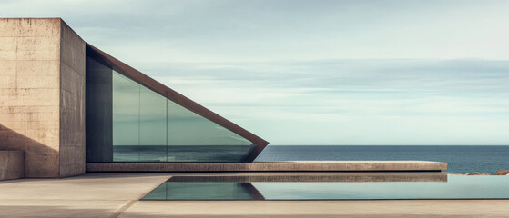 Modern architectural structure overlooking the ocean with a serene pool