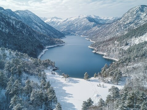 Aerial winter view of a snow-covered landscape with a lake, mountains, trees, and an overcast sky, AI generated - Powered by Adobe