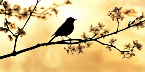 Fototapeta premium Silhouette of Bird in Spring Blossom