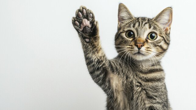Sweet tabby cat playfully raises its paw, making eye contact against a white background. Fluffy fur and green eyes add to its charm, capturing hearts, AI generated - Powered by Adobe