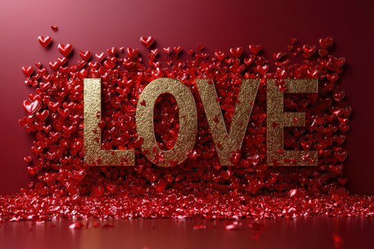 Golden 3D Text Love Surrounded by Red Hearts on a Gradient Background