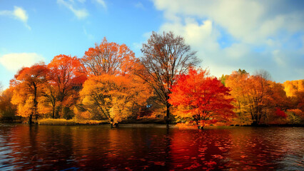 Fototapeta premium Vibrant Autumn Foliage Reflecting on a Tranquil Lake