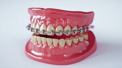 Obraz premium A high-quality dental image showcasing a bright smile with modern metal braces, set against white.