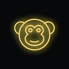 Bright yellow neon sign depicting a monkey face smiling on a black background