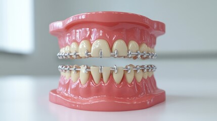 Obraz premium A high-quality dental image showcasing a bright smile with modern metal braces, set against white.