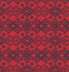 Christmas knit prints. Seamless pattern. Red knitted borders. Sweater winter textures. Fair isle traditional backgrounds. Holiday ornaments.