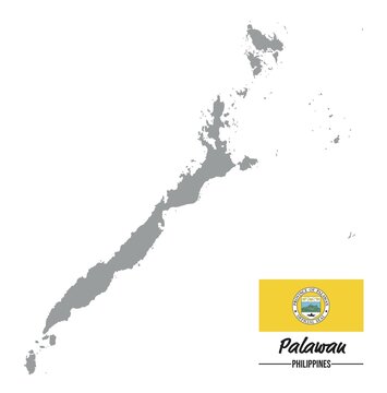 Gray silhouette map of the Philippine island of Palawan with flag