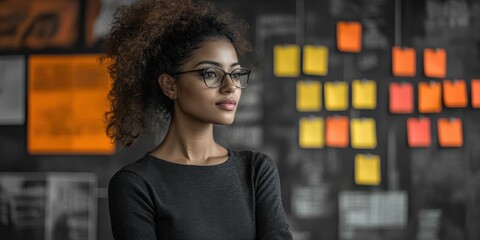 South Asian person woman brainstorming ideas while pointing to sticky notes on a board.