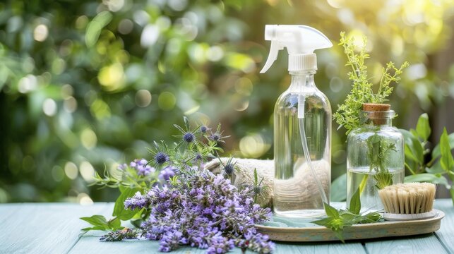 Glass spray bottle with lavender and herbs, in sunlight, evoking a fresh and natural feel, AI generated