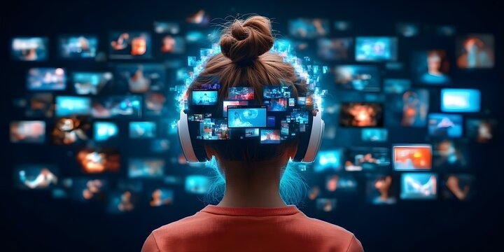 A person wearing headphones surrounded by floating images and videos, illustrating a digital or media experience. Concept Digital Immersion, Multimedia Experience, Headphones and Creativity
