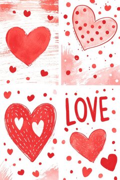 Fototapeta Valentine's Day-themed pattern cards featuring red hearts and love inscriptions