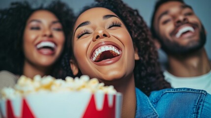Happy Friends Enjoying Movie Night with Popcorn Fun