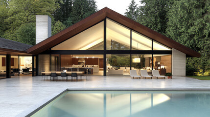 Obraz premium Modern house design with large windows and swimming pool surrounded by trees