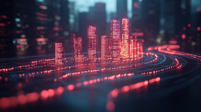 Digital city skyline, data flow, futuristic night, network, technology