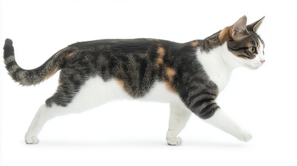 Calico Cat Walking Gracefully on White Background