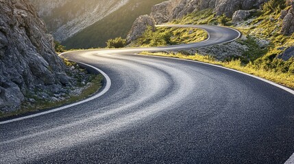 Winding mountain road at sunset.