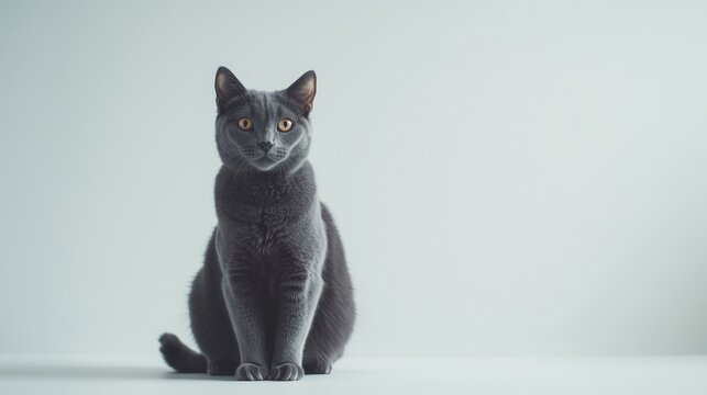 Regal Grey Cat Sitting Against Minimalist White Background