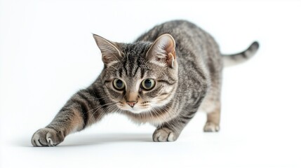 Obraz premium Focused Tabby Cat Ready to Pounce on White Background