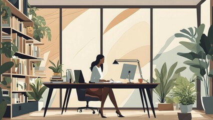 Fototapeta premium Abstract illustration of a modern workspace with woman seated at a desk, AI generated