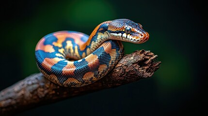 Python coiled on branch, dark background, studio shot, reptile pet.