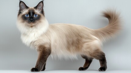 Balinese Cat with Blue Eyes Standing on a Light Background