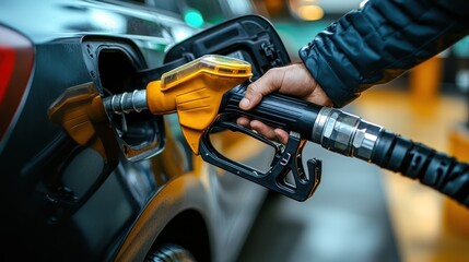 Fototapeta premium Hand fueling a car at a gas station.