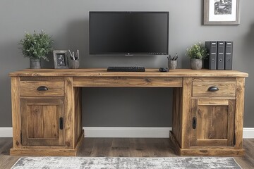 Rustic Wooden Desk With Computer And Plants