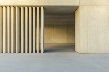 Modern architecture with concrete walls and vertical slats in a minimalist setting at midday