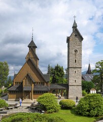 Romanesque stave church Wang with bell tower, Krummhübel, Karpacz, Giant Mountains, Poland, Europe