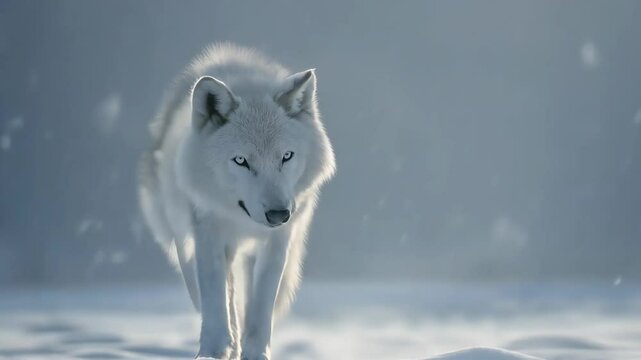 A powerful white wolf moves through a frozen landscape, its piercing blue eyes and thick fur blending seamlessly with the snow-covered wilderness.