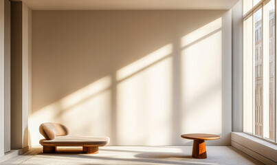 Fototapeta premium Modern minimalist interior with natural light highlighting furniture design in a spacious room